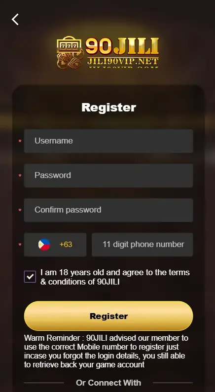 90 Jilli Gaming App Register Form
